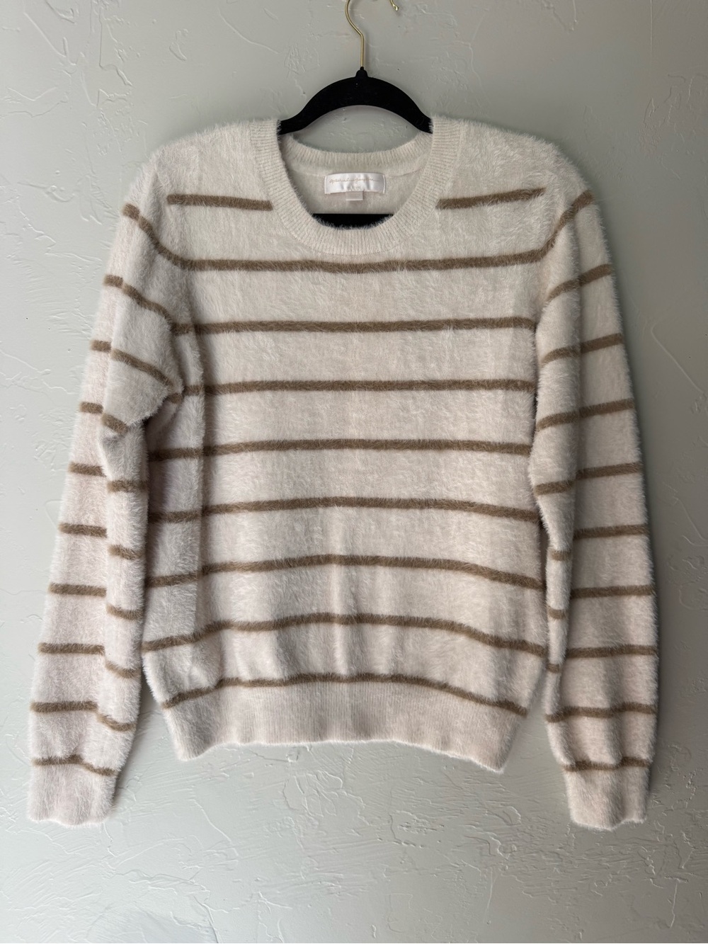 Spiritual Gangster Cream Crewneck with Taupe Stripes w/ red heart elbows